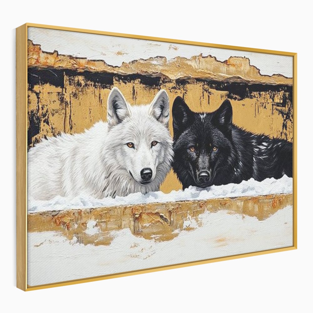 Tablou canvas cu pictura cu doi lupi in zapada, in rama de aluminiu auriu